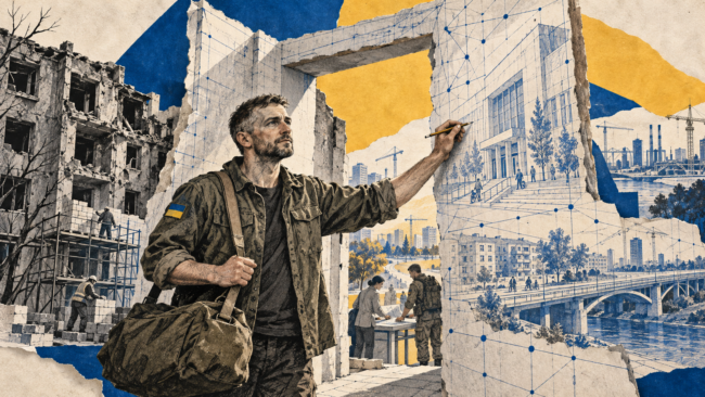 92163F73-2F3F-452D-9080-2F7530B6BAAC Ветеран креслить майбутню Україну на тлі воєнних руйнувань, відбудови та цифрових мереж.