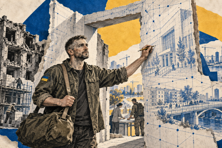 Ветеран креслить майбутню Україну на тлі воєнних руйнувань, відбудови та цифрових мереж.