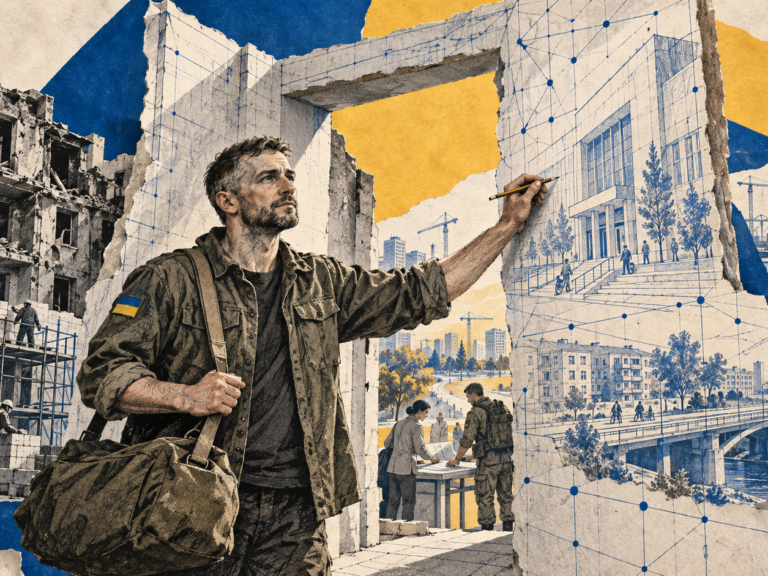 Ветеран креслить майбутню Україну на тлі воєнних руйнувань, відбудови та цифрових мереж.