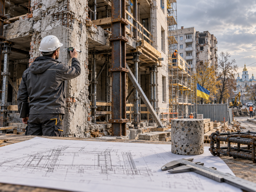 Інженер обстежує пошкоджену будівлю з тимчасовим підсиленням; на передньому плані — креслення та зразок бетону.