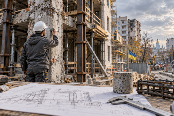 Інженер обстежує пошкоджену будівлю з тимчасовим підсиленням; на передньому плані — креслення та зразок бетону.
