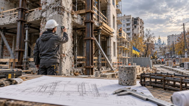 IMG_7968 Інженер обстежує пошкоджену будівлю з тимчасовим підсиленням; на передньому плані — креслення та зразок бетону.