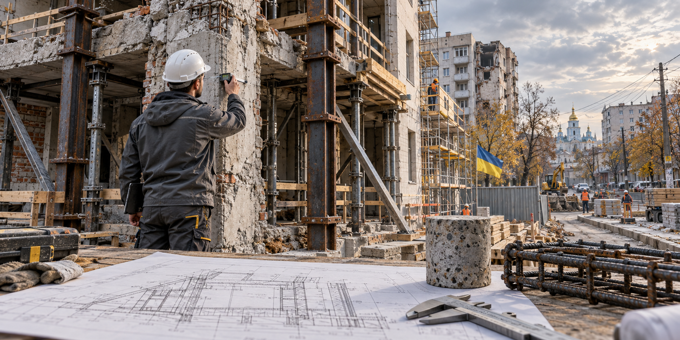 IMG_7968 Інженер обстежує пошкоджену будівлю з тимчасовим підсиленням; на передньому плані — креслення та зразок бетону.