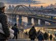 Інженер і пасажири біля метро та мосту через Дніпро на концептуальній ілюстрації воєнного Києва.