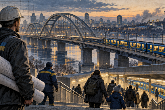 Інженер і пасажири біля метро та мосту через Дніпро на концептуальній ілюстрації воєнного Києва.