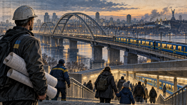 IMG_8004 Інженер і пасажири біля метро та мосту через Дніпро на концептуальній ілюстрації воєнного Києва.